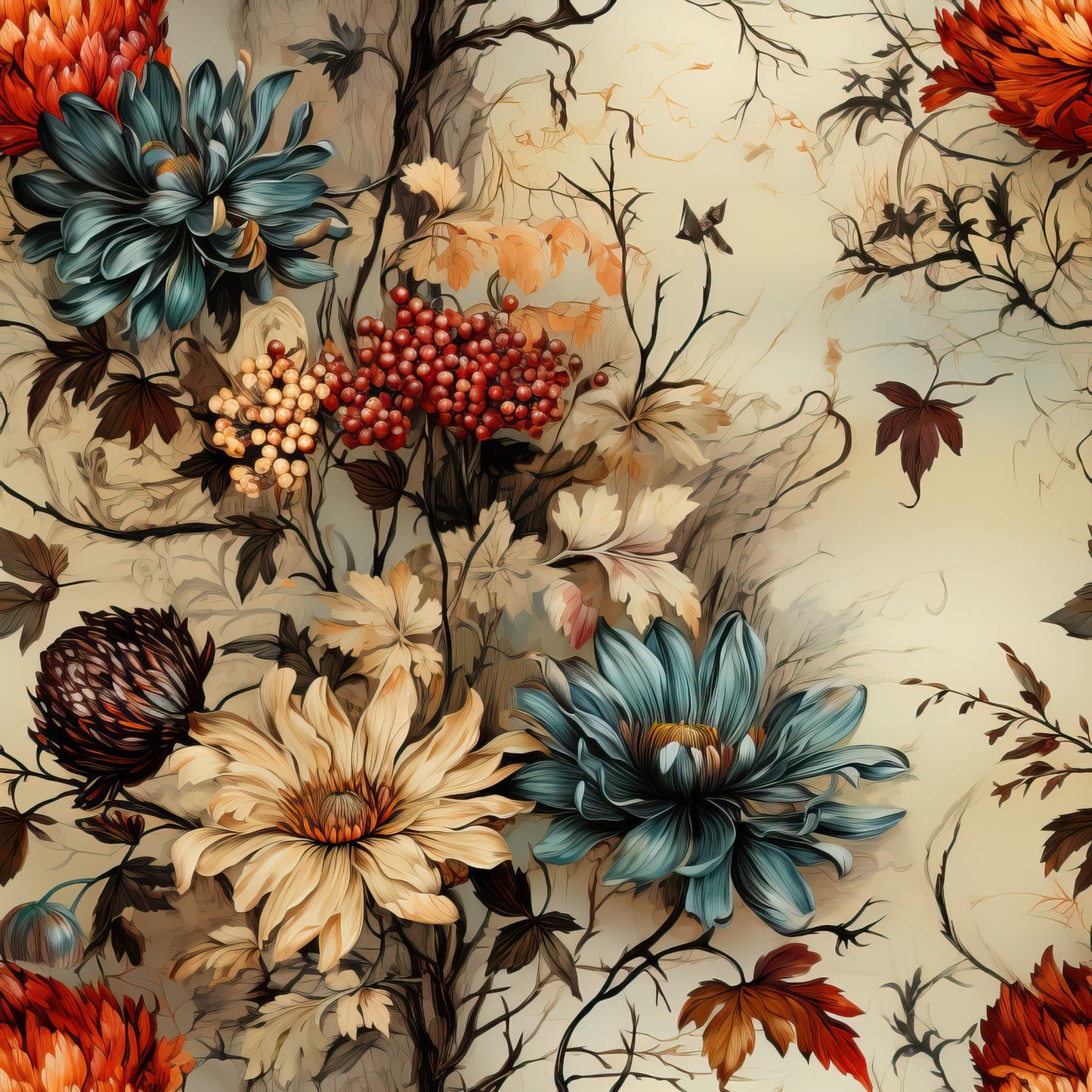 autumn flowers, teal petals, cream background, orange blooms, red berries, botanical illustration, vine motifs, fall foliage, burgundy leaves, quilting cotton, fabric panel, floral pattern, harvest theme, thanksgiving motif, decorative florals, muted earth tones, elegant design, seasonal artwork, cotton fabric, nature elements