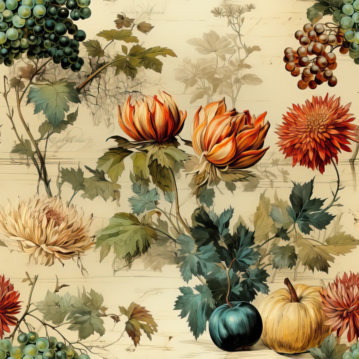 autumn harvest, thanksgiving theme, botanical illustration, vintage style, pumpkins, gourds, grapes, chrysanthemums, orange flowers, cream background, green foliage, wine grapes, fall colors, burnt orange, sage green, golden yellow, quilting cotton, fabric panel, seasonal motifs, harvest bounty