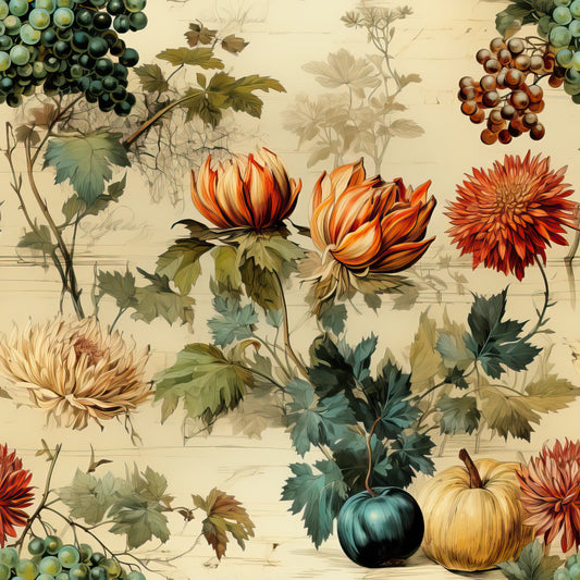 autumn harvest, thanksgiving theme, botanical illustration, vintage style, pumpkins, gourds, grapes, chrysanthemums, orange flowers, cream background, green foliage, wine grapes, fall colors, burnt orange, sage green, golden yellow, quilting cotton, fabric panel, seasonal motifs, harvest bounty