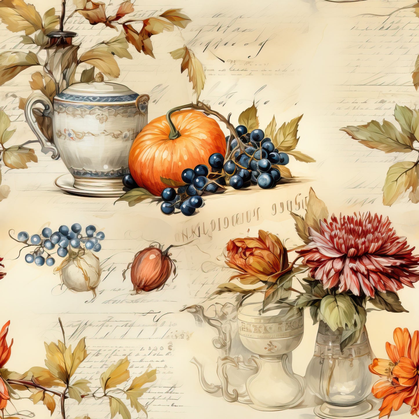 autumn harvest, thanksgiving theme, orange pumpkin, dark blue grapes, vintage teapots, fall leaves, golden yellow, burgundy flowers, cream background, botanical elements, still life arrangement, elegant florals, seasonal fruits, quilting cotton, fabric panel, warm earth tones, rustic charm, harvest bounty, decorative vessels, autumn foliage