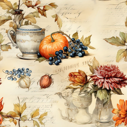 autumn harvest, thanksgiving theme, orange pumpkin, dark blue grapes, vintage teapots, fall leaves, golden yellow, burgundy flowers, cream background, botanical elements, still life arrangement, elegant florals, seasonal fruits, quilting cotton, fabric panel, warm earth tones, rustic charm, harvest bounty, decorative vessels, autumn foliage