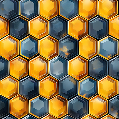 A pattern of interlocking hexagonal tiles in shades of yellow, orange, and gray, creating a honeycomb-like effect.