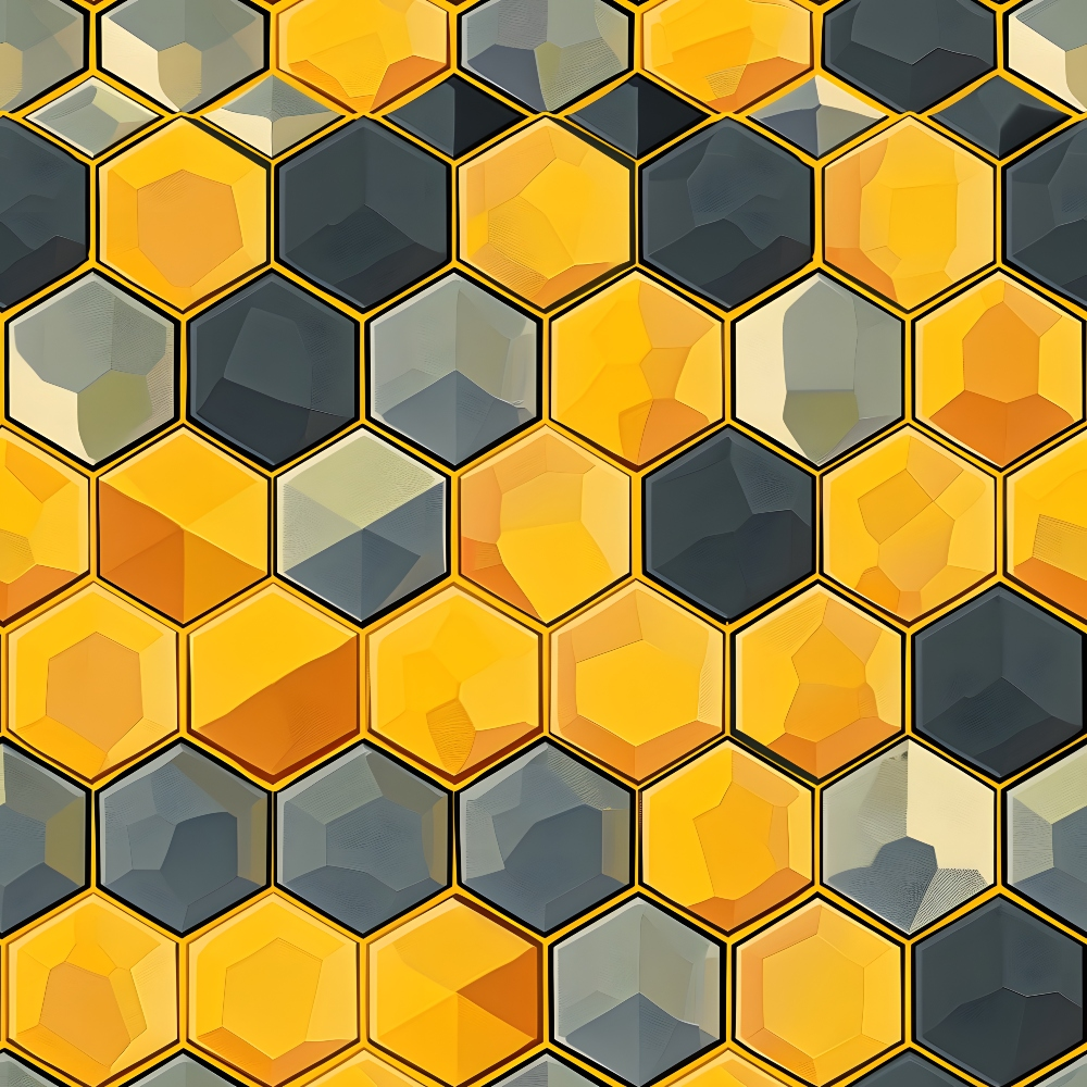 A pattern of yellow and gray hexagons arranged in a honeycomb layout, with varying shades and textures in each hexagon.