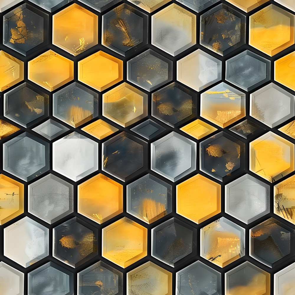 Abstract image of hexagonal tiles in yellow, gray, and black tones, creating a geometric pattern with a slightly textured appearance.