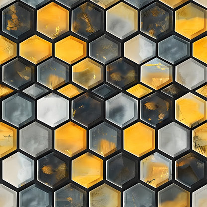 Abstract image of hexagonal tiles in yellow, gray, and black tones, creating a geometric pattern with a slightly textured appearance.