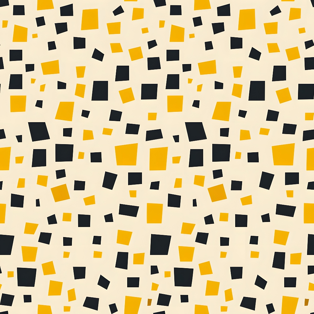 Pattern of scattered black and yellow squares on a light beige background.