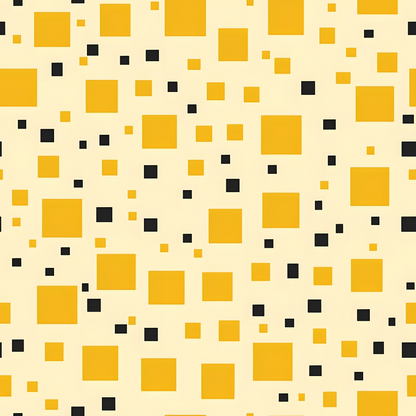 Pattern of yellow and black squares of varying sizes scattered on a beige background.