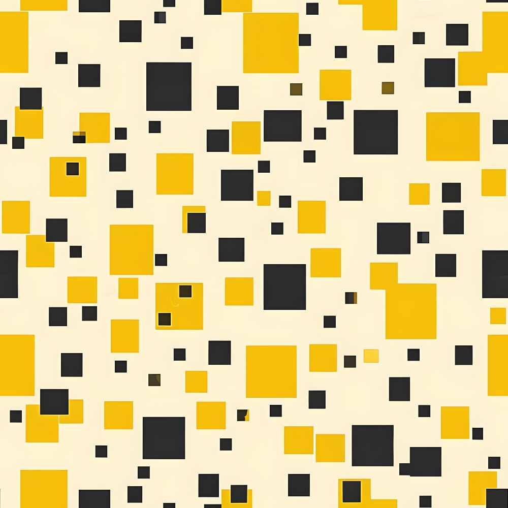 A pattern of various sized black and yellow squares on a beige background.