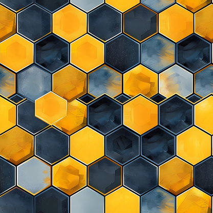 Hexagonal pattern with alternating shades of yellow and blue. Some hexagons feature a subtle gradient effect, creating a geometric, abstract design.