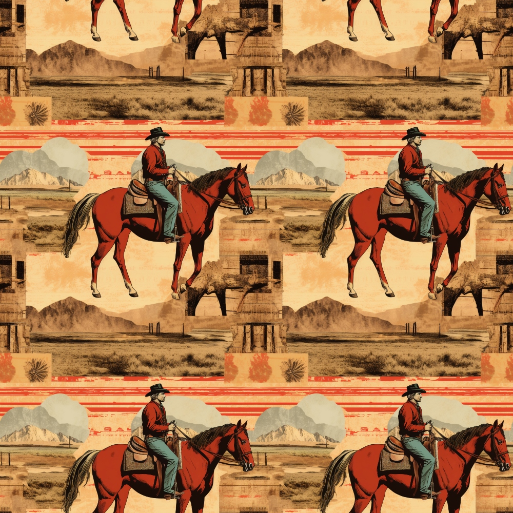 A repeated pattern of a cowboy on horseback with a backdrop of mountains and old western buildings.