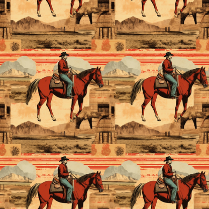 A repeated pattern of a cowboy on horseback with a backdrop of mountains and old western buildings.