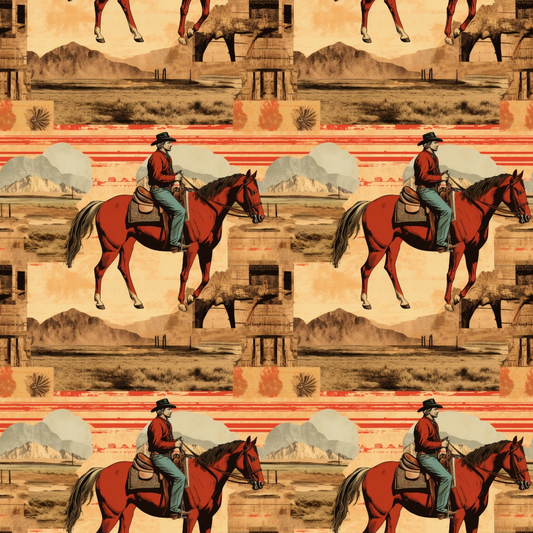 A repeated pattern of a cowboy on horseback with a backdrop of mountains and old western buildings.