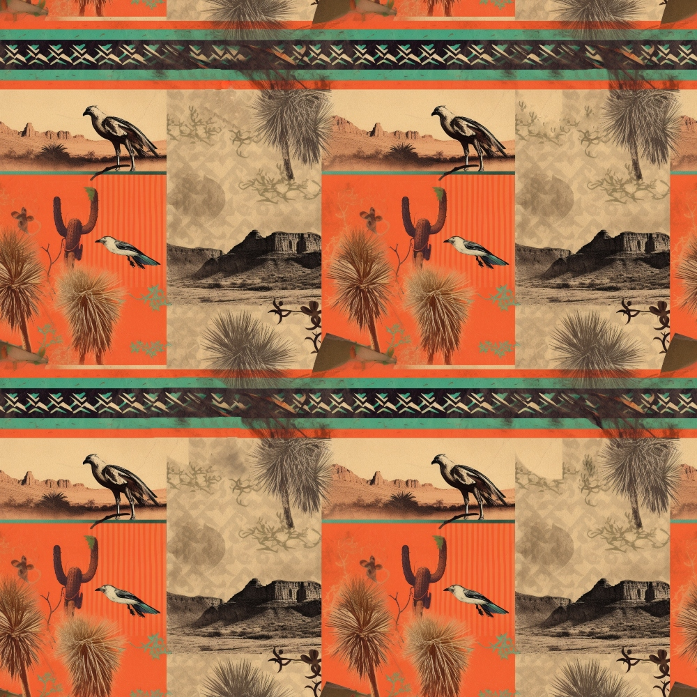 Vintage southwestern wallpaper with alternating patterns of desert landscapes, cacti, birds, and geometric designs in earthy tones of orange, beige, and black.