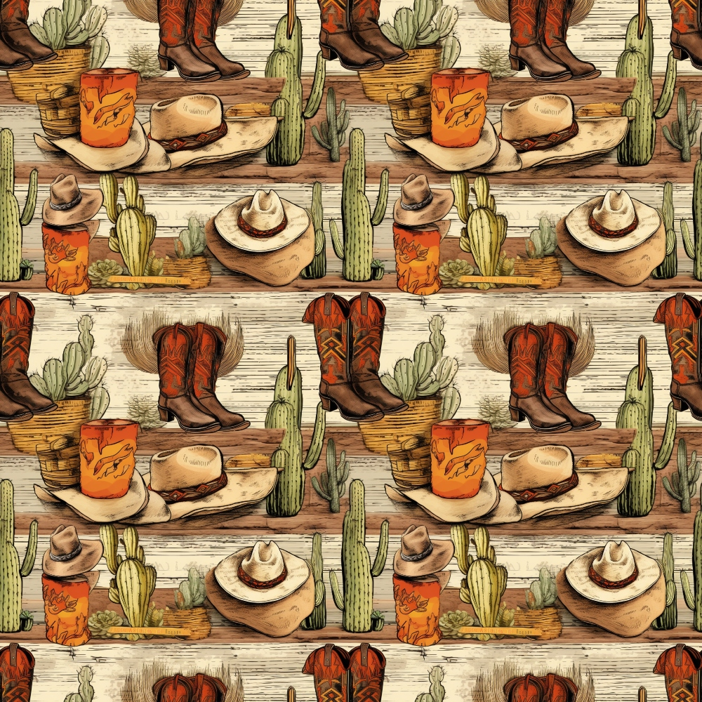 Seamless pattern featuring cowboy boots, hats, cacti, and orange juice on a wooden background.