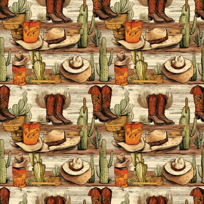 Seamless pattern featuring cowboy boots, hats, cacti, and orange juice on a wooden background.