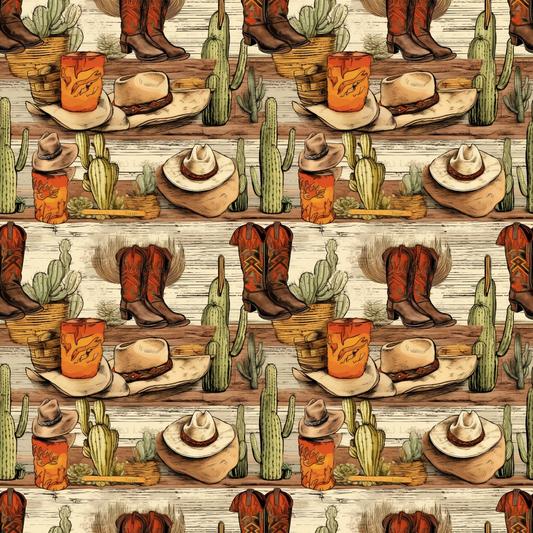 Seamless pattern featuring cowboy boots, hats, cacti, and orange juice on a wooden background.