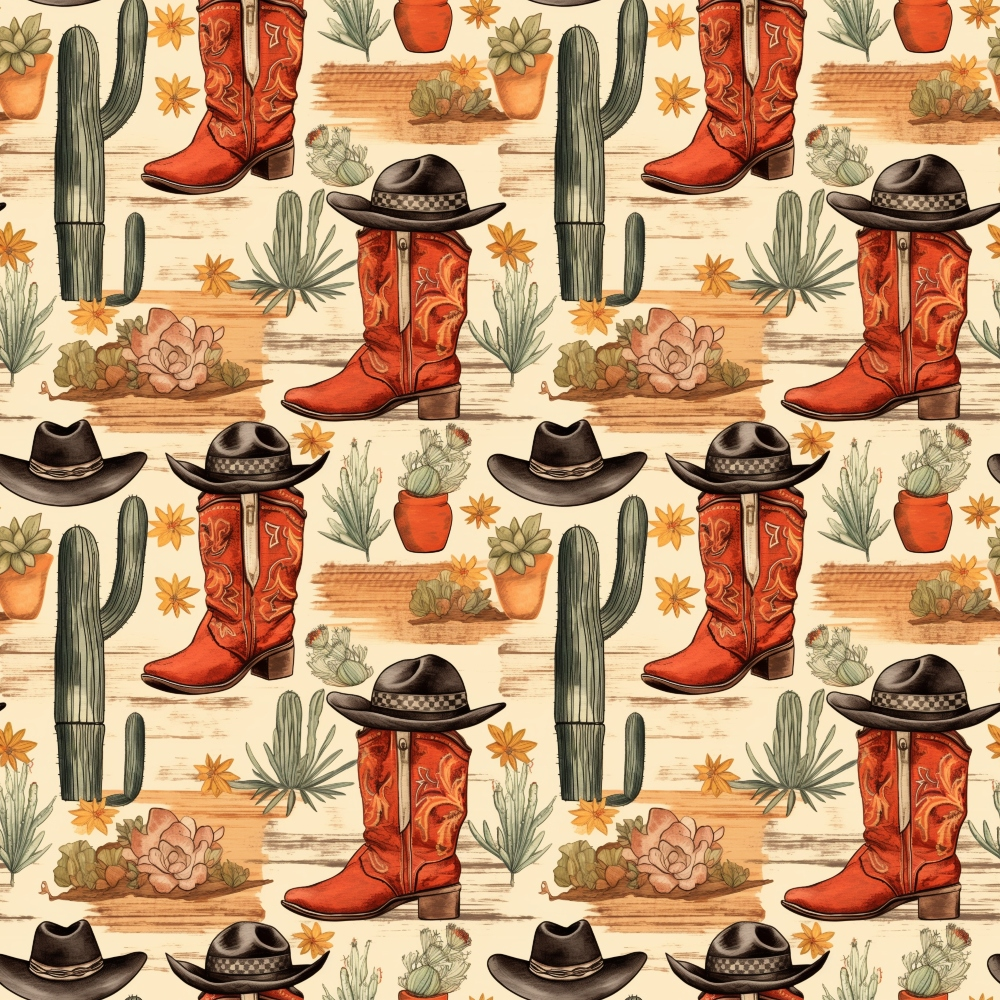 Pattern featuring cowboy boots, hats, cacti, and succulents on a beige background.