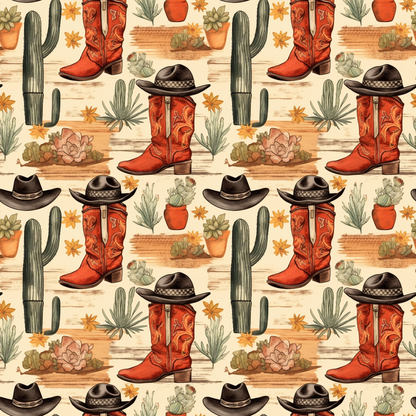 Pattern featuring cowboy boots, hats, cacti, and succulents on a beige background.