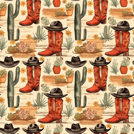 Pattern featuring cowboy boots, hats, cacti, and succulents on a beige background.