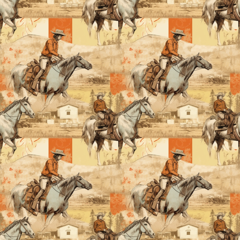 Pattern featuring cowboys riding horses, repeating across a background with rustic colors and landscape elements such as trees and barns.