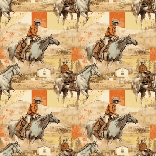 Pattern featuring cowboys riding horses, repeating across a background with rustic colors and landscape elements such as trees and barns.