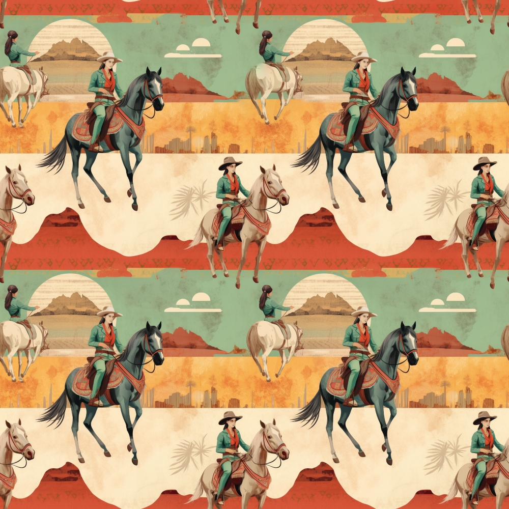 Patterned image of cowboys riding horses against desert and mountain backgrounds, repeated across the design with muted colors.