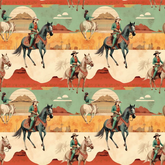 Patterned image of cowboys riding horses against desert and mountain backgrounds, repeated across the design with muted colors.