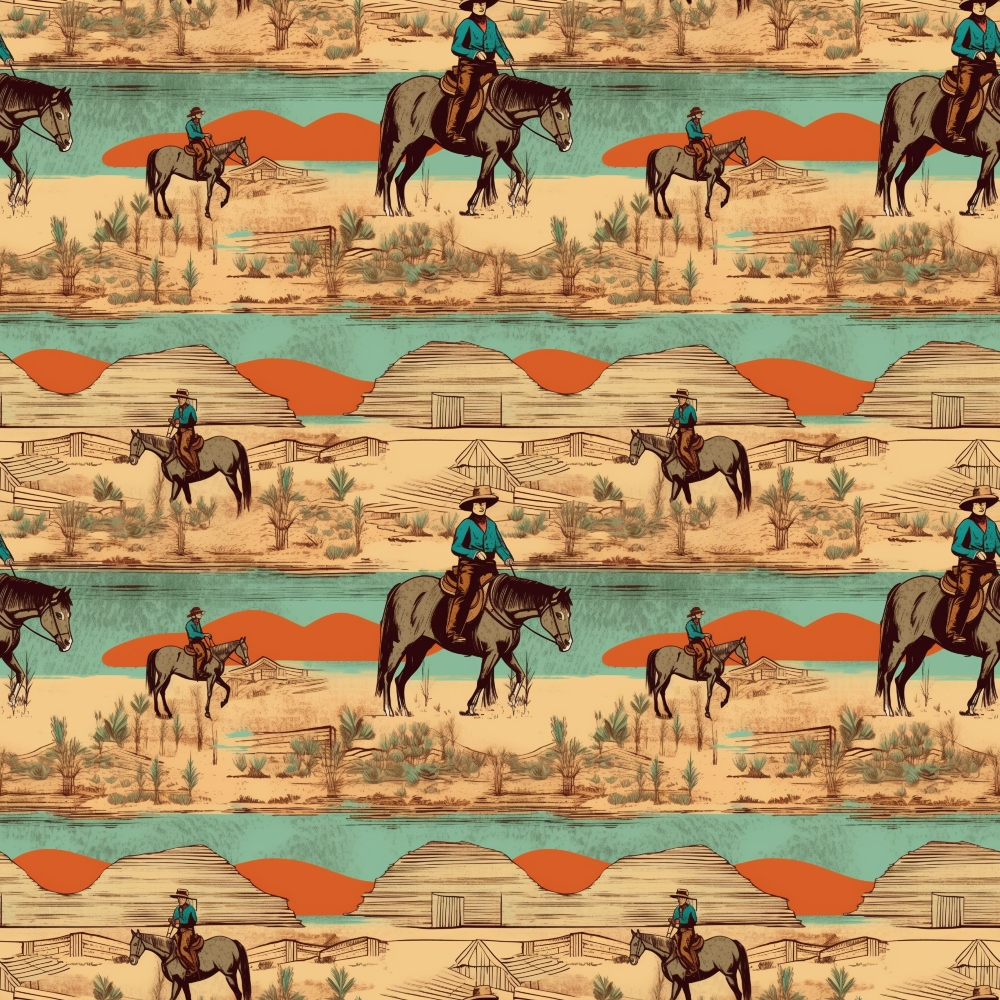 Patterned illustration of cowboy figures on horseback in a desert landscape with mountains, cacti, and rustic structures, repeated in rows.