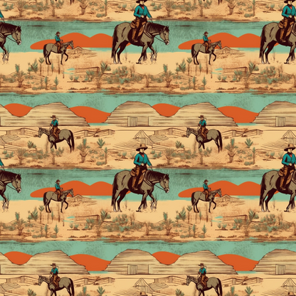 Patterned illustration of cowboy figures on horseback in a desert landscape with mountains, cacti, and rustic structures, repeated in rows.