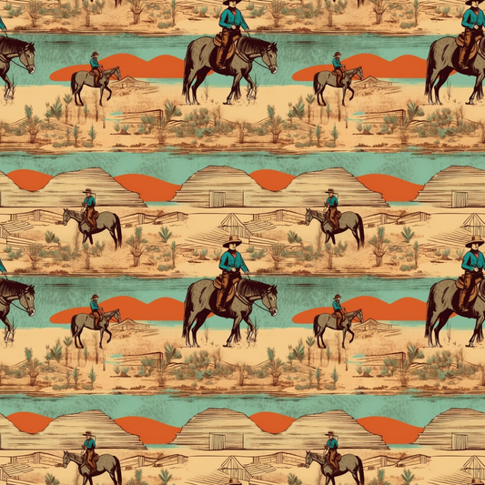 Patterned illustration of cowboy figures on horseback in a desert landscape with mountains, cacti, and rustic structures, repeated in rows.