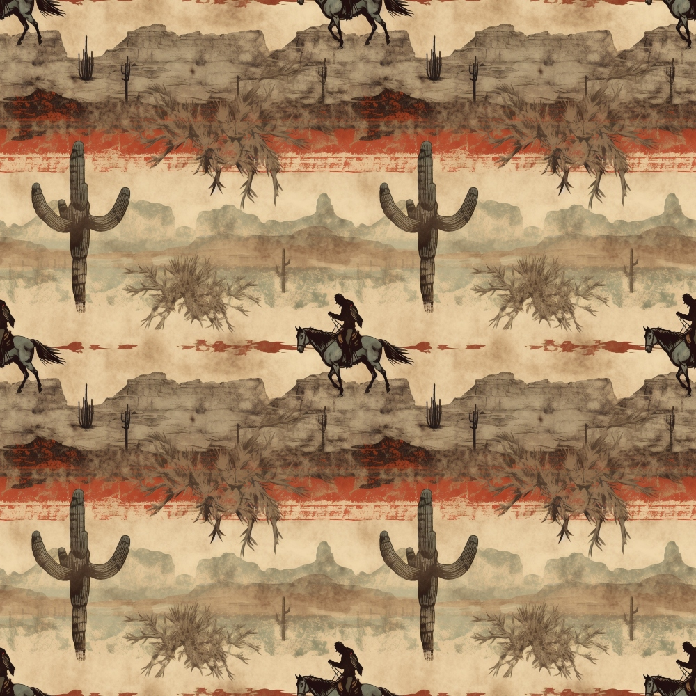 Seamless pattern featuring a cowboy on horseback, large cacti, and desert scenery in shades of brown and orange.