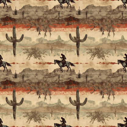 Seamless pattern featuring a cowboy on horseback, large cacti, and desert scenery in shades of brown and orange.