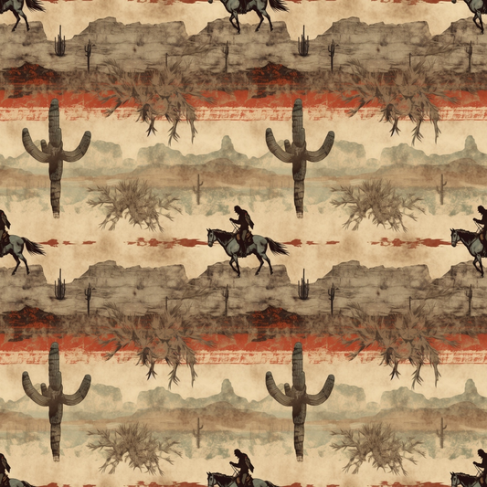 Seamless pattern featuring a cowboy on horseback, large cacti, and desert scenery in shades of brown and orange.