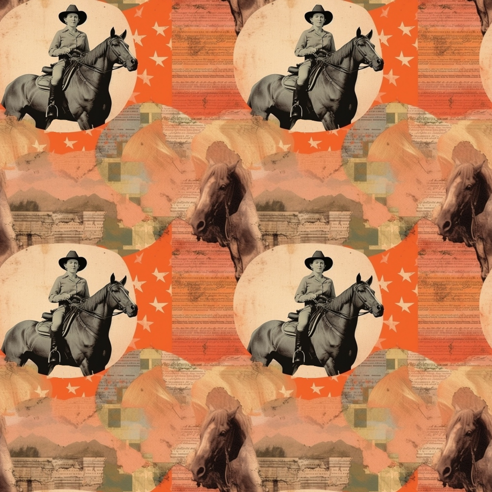 Vintage cowboy pattern with a person on horseback, layered over abstract orange and brown backgrounds, with star motifs and horse close-ups.