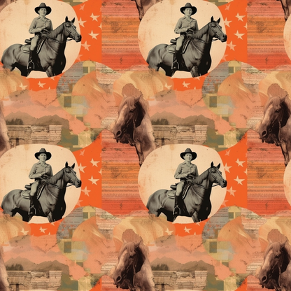 Vintage cowboy pattern with a person on horseback, layered over abstract orange and brown backgrounds, with star motifs and horse close-ups.