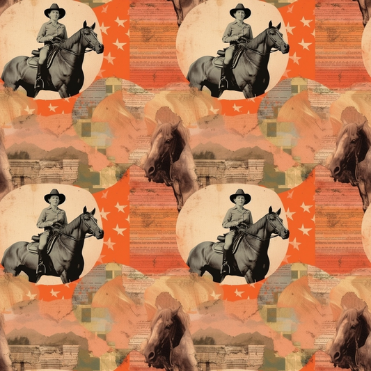 Vintage cowboy pattern with a person on horseback, layered over abstract orange and brown backgrounds, with star motifs and horse close-ups.