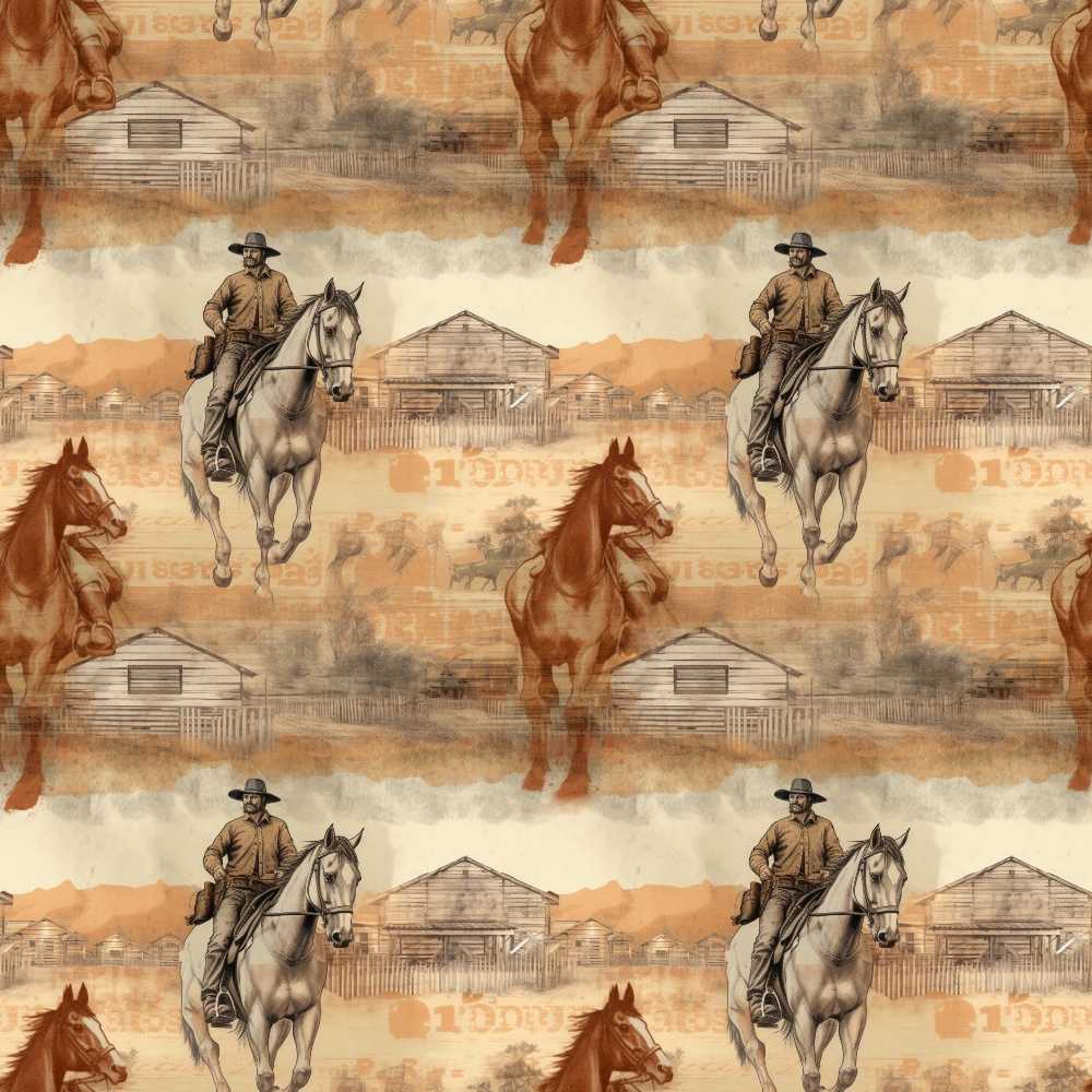 Vintage-style pattern featuring cowboys on horses, rustic barns, and fading landscape in sepia tones.