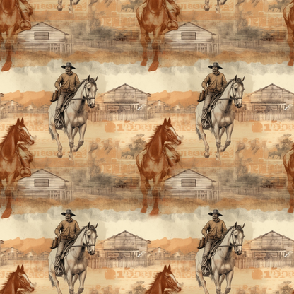 Vintage-style pattern featuring cowboys on horses, rustic barns, and fading landscape in sepia tones.