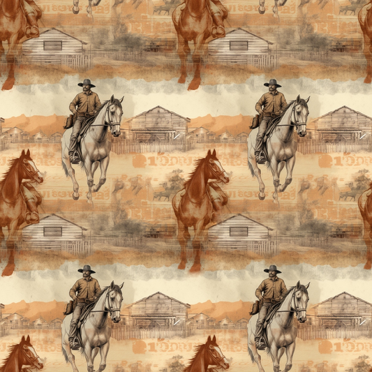 Vintage-style pattern featuring cowboys on horses, rustic barns, and fading landscape in sepia tones.