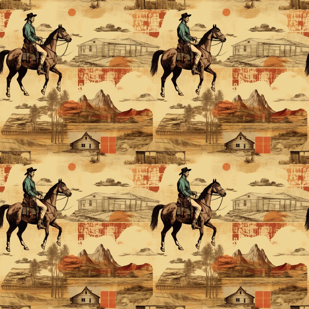 Seamless pattern: cowboys on horseback, mountains, barnhouses, and orange geometric shapes on a beige background.