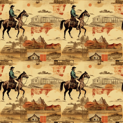 Seamless pattern: cowboys on horseback, mountains, barnhouses, and orange geometric shapes on a beige background.