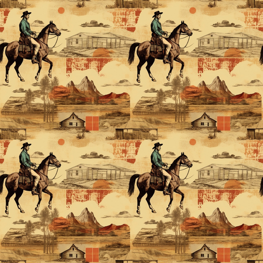 Seamless pattern: cowboys on horseback, mountains, barnhouses, and orange geometric shapes on a beige background.