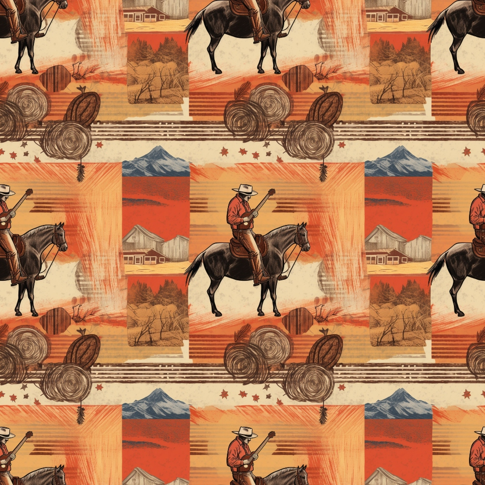 Pattern featuring cowboys on horseback, barns, mountains, and desert landscapes with a warm color palette of reds, oranges, and browns.