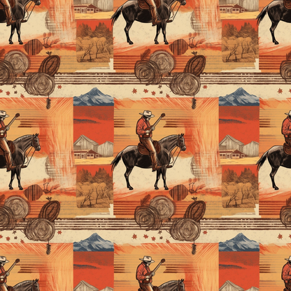 Pattern featuring cowboys on horseback, barns, mountains, and desert landscapes with a warm color palette of reds, oranges, and browns.