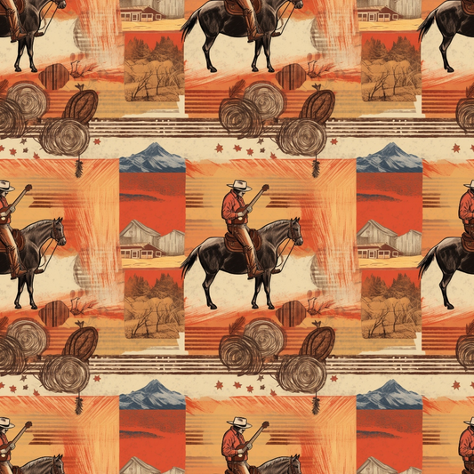 Pattern featuring cowboys on horseback, barns, mountains, and desert landscapes with a warm color palette of reds, oranges, and browns.