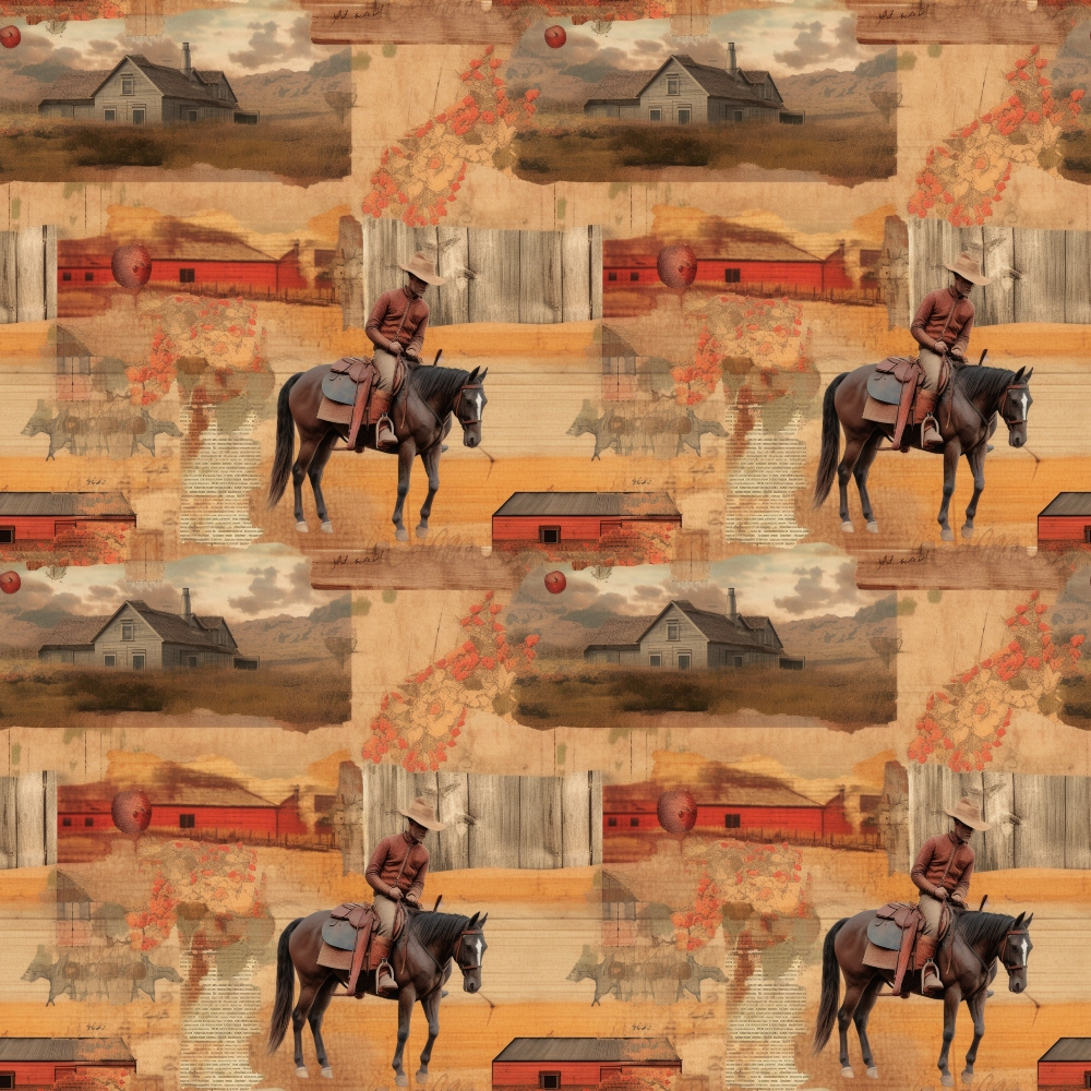 Repeating pattern of a cowboy riding a horse in a rustic landscape, featuring wooden fences, trees, cattle, and farm buildings.