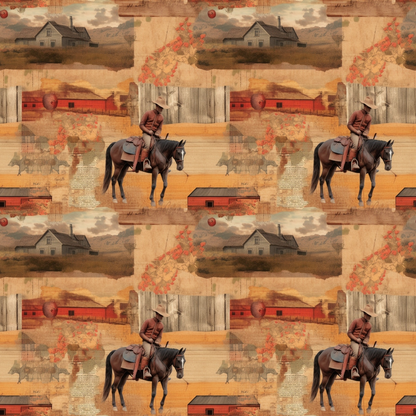 Repeating pattern of a cowboy riding a horse in a rustic landscape, featuring wooden fences, trees, cattle, and farm buildings.