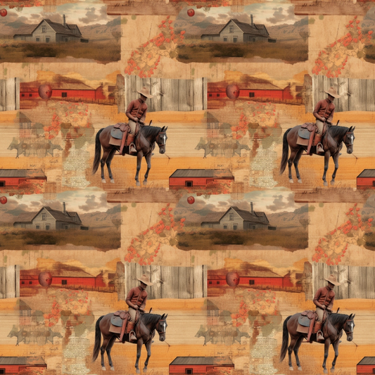 Repeating pattern of a cowboy riding a horse in a rustic landscape, featuring wooden fences, trees, cattle, and farm buildings.