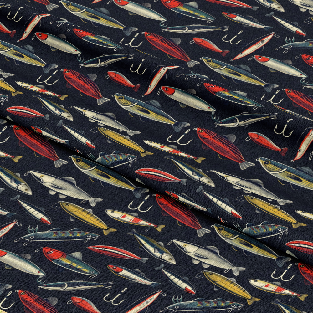 - The Fishing Trip Pattern 7 Quilting Cotton Fabric  
- fish motifs  
- fishing lures  
- navy background  
- red, yellow, white, blue tones  
- quilting cotton  
- textile design  
- detailed print  
- outdoor theme  
- craft fabric  
- hobby sewing