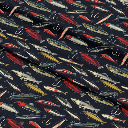 - The Fishing Trip Pattern 7 Quilting Cotton Fabric  
- fish motifs  
- fishing lures  
- navy background  
- red, yellow, white, blue tones  
- quilting cotton  
- textile design  
- detailed print  
- outdoor theme  
- craft fabric  
- hobby sewing